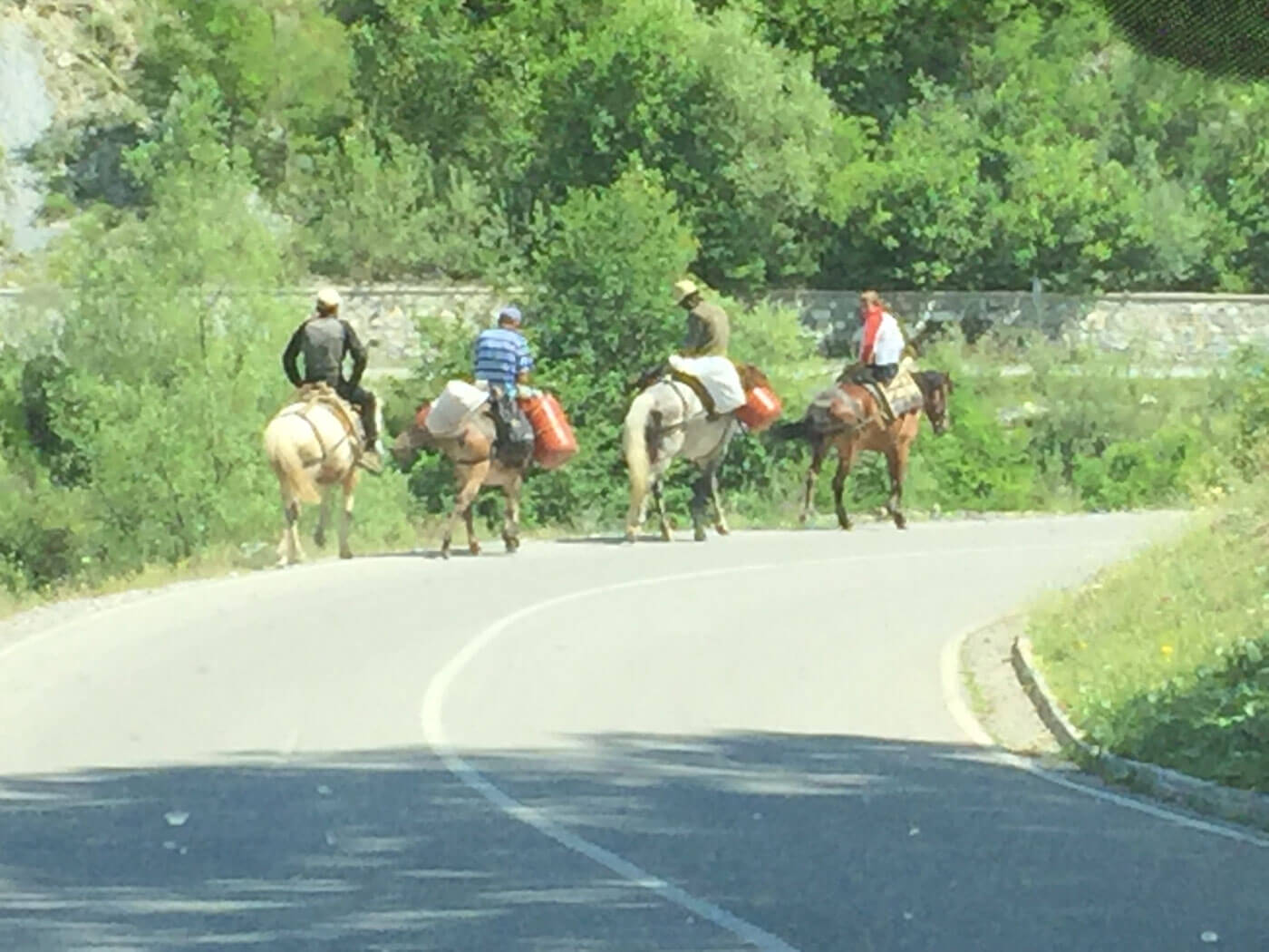 Mannen op ezels met melkbussen.