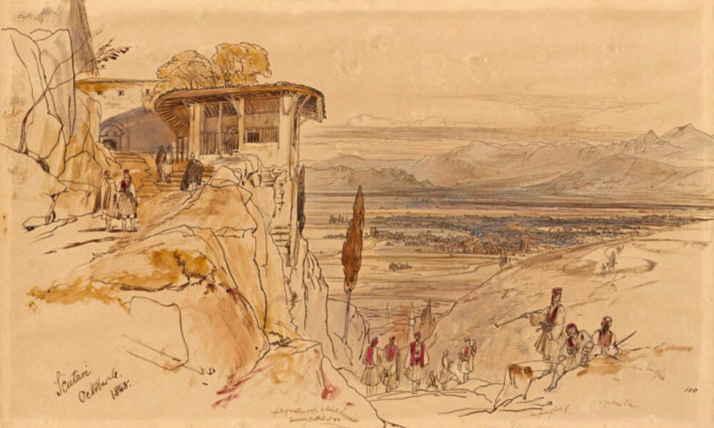 Edward Lear 4 October 1848. Shkodra (Scutari) in Noord-Albanie. Het reisgezelschap op het pad dat leidt naar fort Rozafa. 