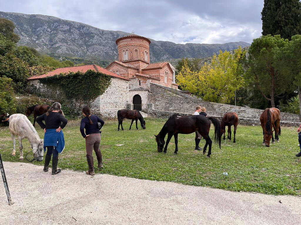 Church of Libohova, South Albania. Horses in the meadow. Break moments for us and the horses.